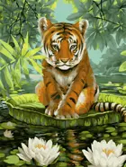 Картина по номерам на холсте 30х40 на подрамнике. "Тигренок на кувшинке".